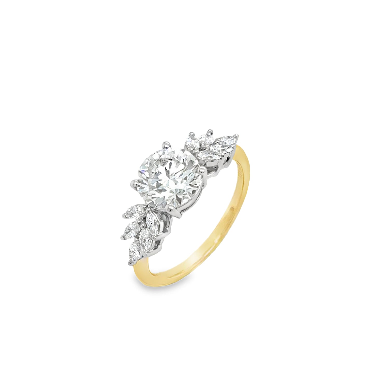 18ct Yellow Gold Round Brilliant Solitaire Cultured Diamond Ring with Marquis Shoulders 2.40ct