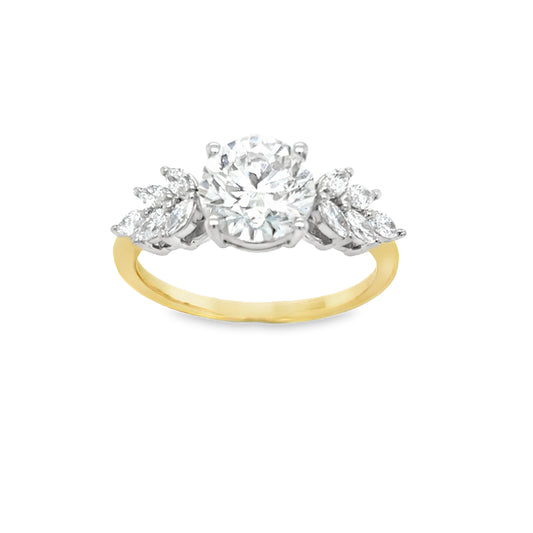 18ct Yellow Gold Round Brilliant Solitaire Cultured Diamond Ring with Marquis Shoulders 2.40ct