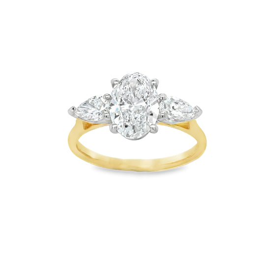 18ct Yellow Gold Oval Solitaire Cultured Diamond Ring with Pear Cut Shoulders 2.00ct