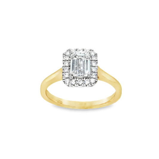 9ct Yellow Gold Emerald Cut Solitaire Cultured Diamond Ring with Cultured Diamond Set Halo 1.20ct