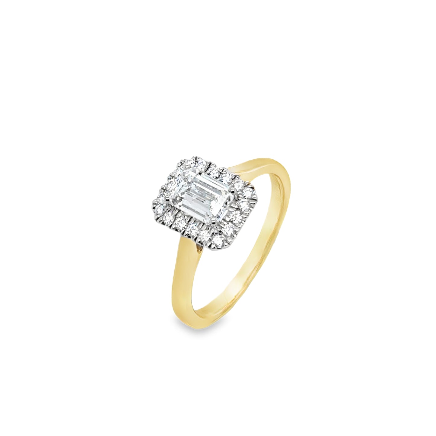 9ct Yellow Gold Emerald Cut Solitaire Cultured Diamond Ring with Cultured Diamond Set Halo 1.20ct