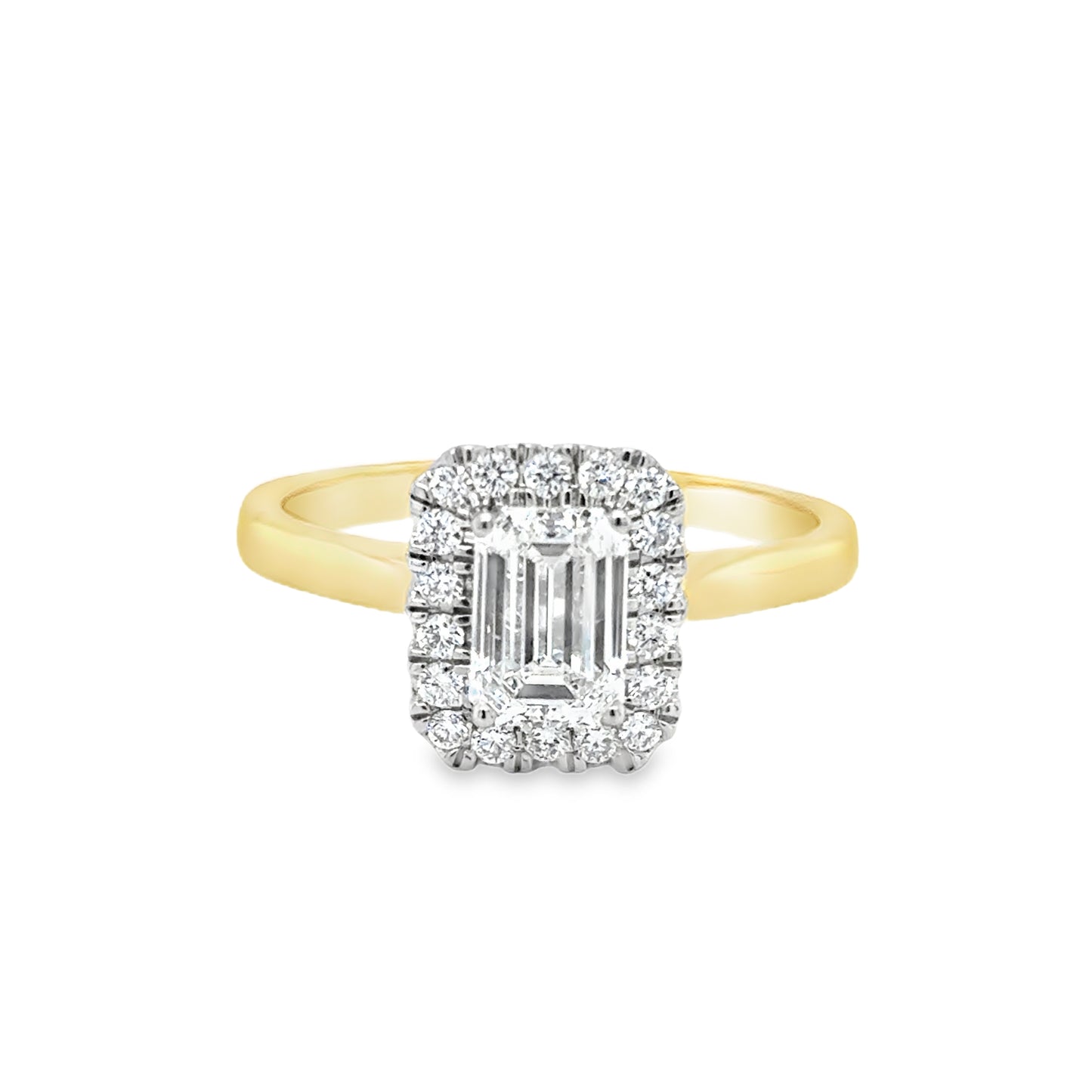 9ct Yellow Gold Emerald Cut Solitaire Cultured Diamond Ring with Cultured Diamond Set Halo 1.20ct