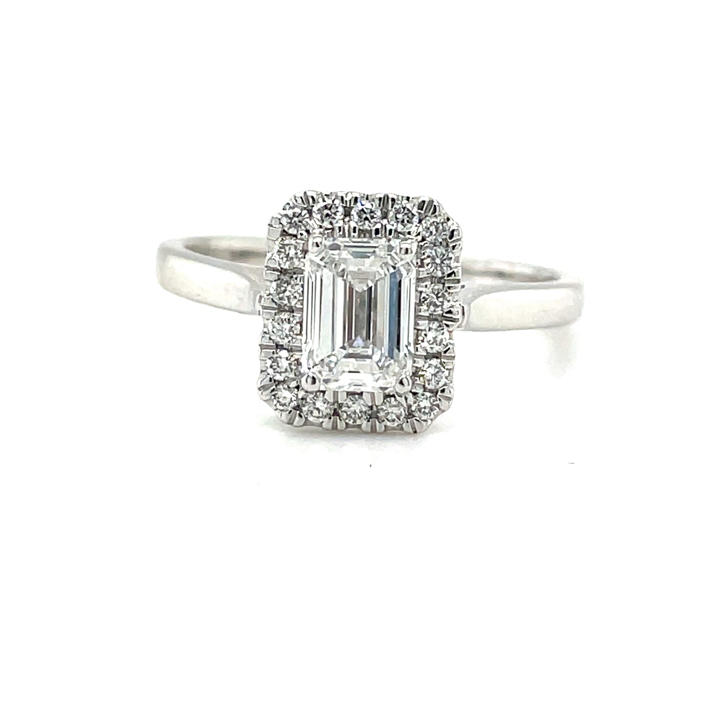 9ct Yellow Gold Emerald Cut Solitaire Cultured Diamond Ring with Cultured Diamond Set Halo 1.20ct
