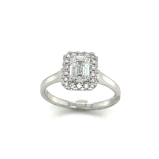 9ct Yellow Gold Emerald Cut Solitaire Cultured Diamond Ring with Cultured Diamond Set Halo 1.20ct