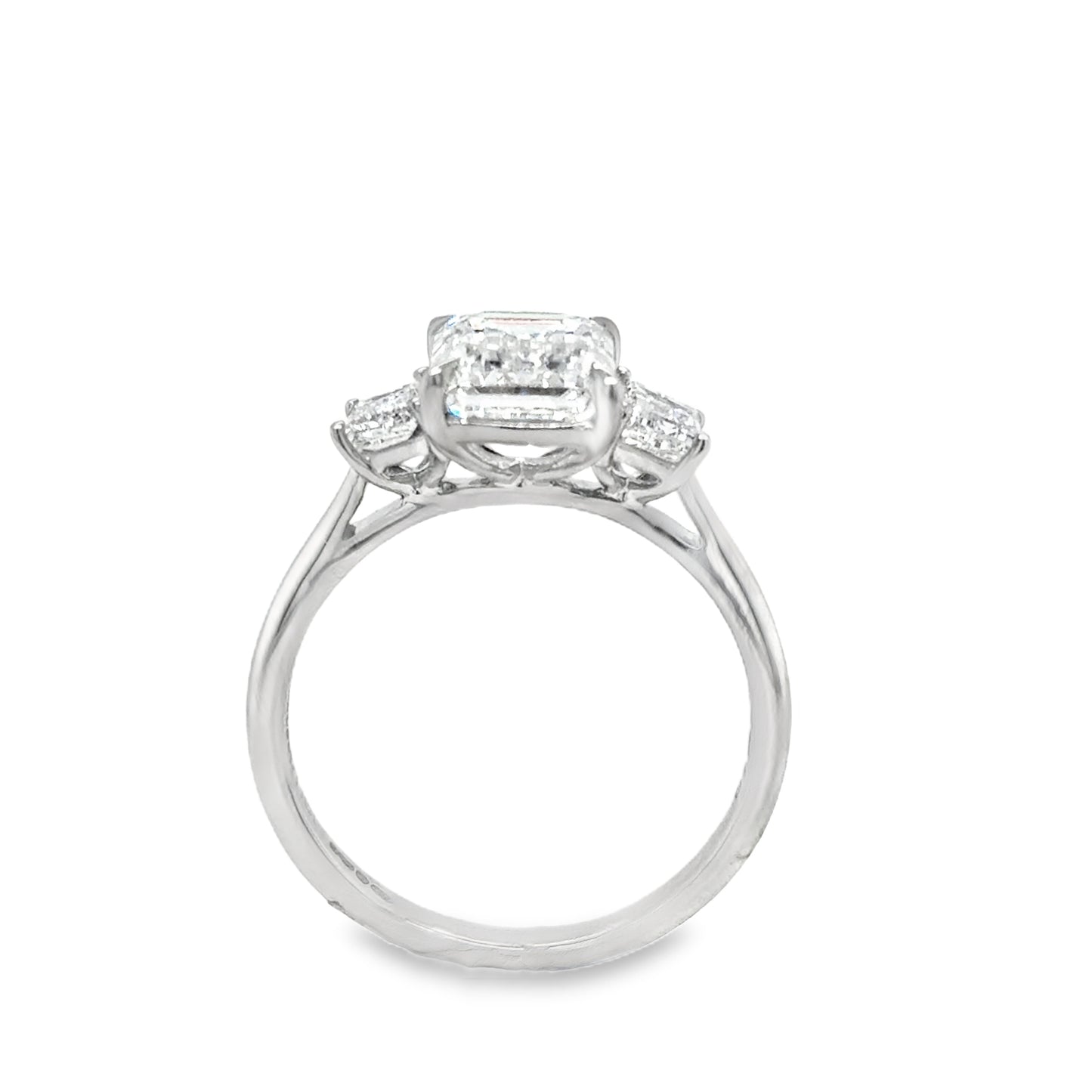Platinum Emerald Cut Solitaire Sultured Ring with Trapezium Cultured Diamond Shoulders 3.58ct