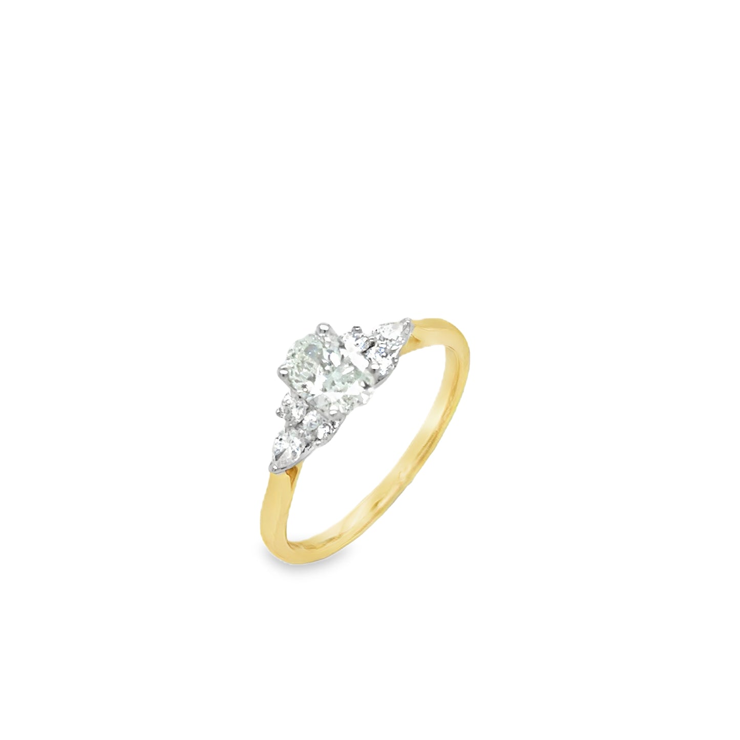 18ct Yellow Gold Oval Solitaire Diamond Ring with Fancy Round and Pear Cut Shoulders .70ct