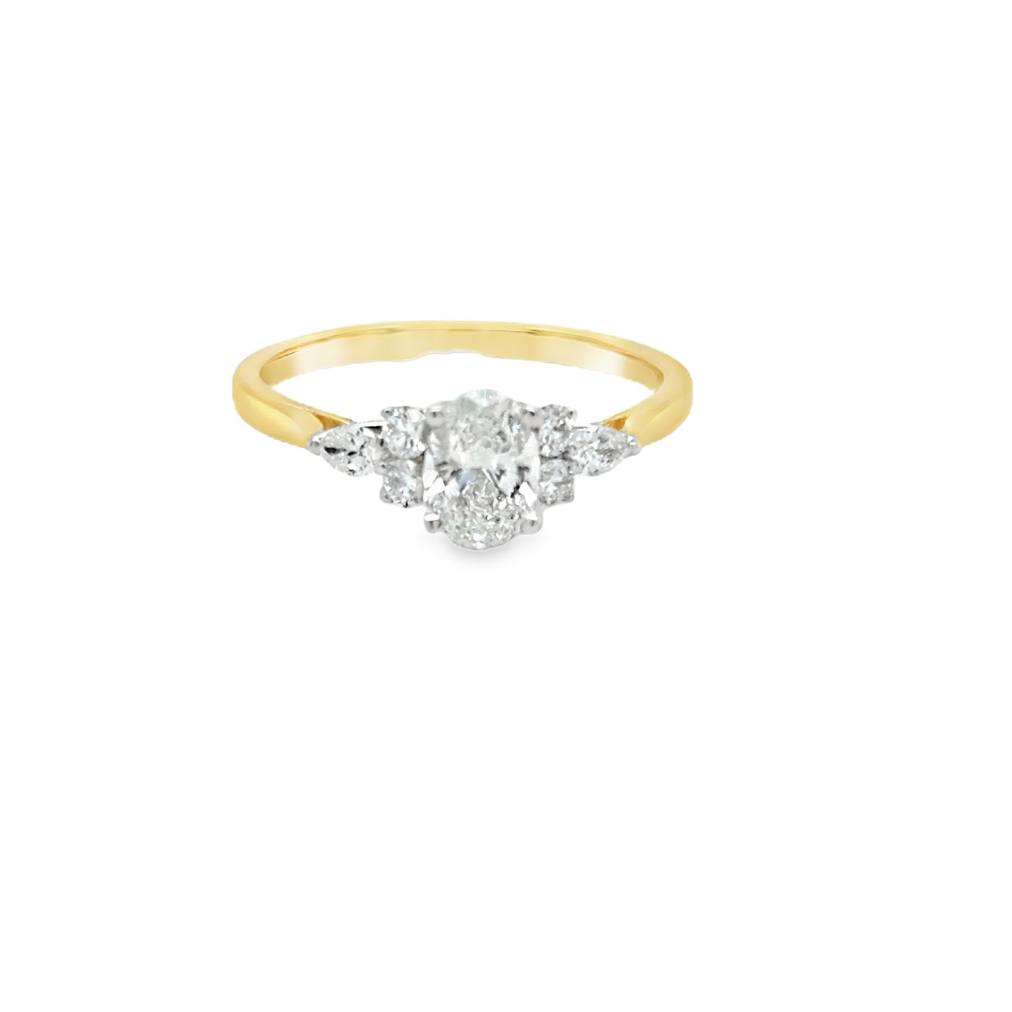 18ct Yellow Gold Oval Solitaire Diamond Ring with Fancy Round and Pear Cut Shoulders .70ct