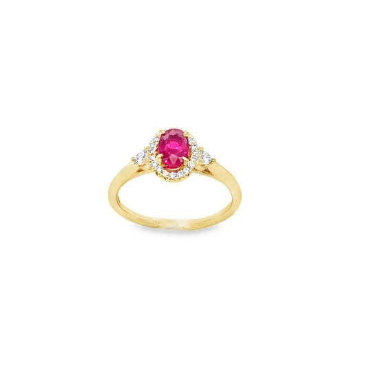 9ct Oval Ruby Halo Diamond Ring With Round Briliant Shoulders .21ct