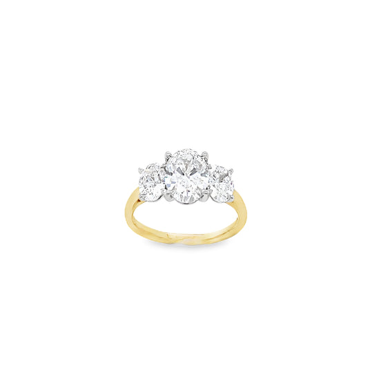 18ct 3 Stone Oval Claw Set Cultured Diamond Ring 2.53ct