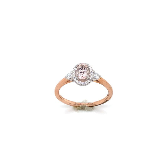 9ct Rose Gold Morganite Halo Diamond Ring With Round Briliant Shoulders .21ct