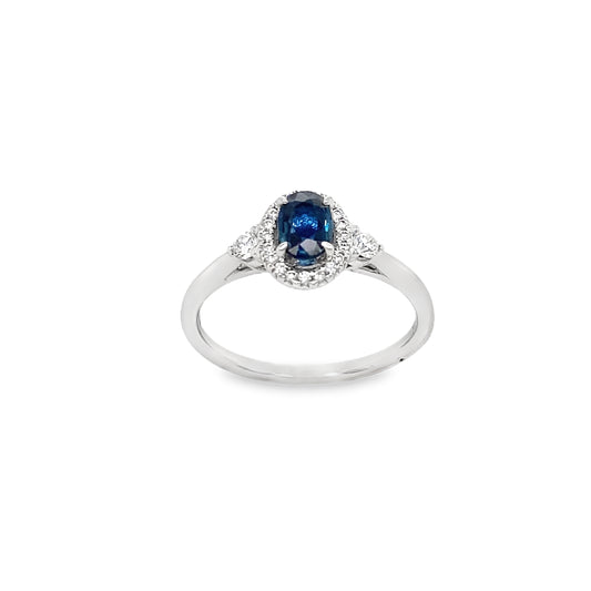 9ct White Gold Oval Sapphire Halo Diamond Ring With Round Briliant Shoulders .21ct