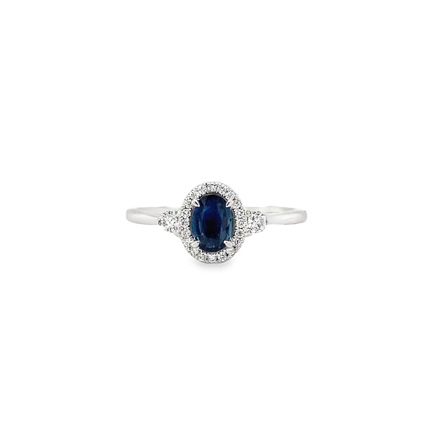 9ct White Gold Oval Sapphire Halo Diamond Ring With Round Briliant Shoulders .21ct