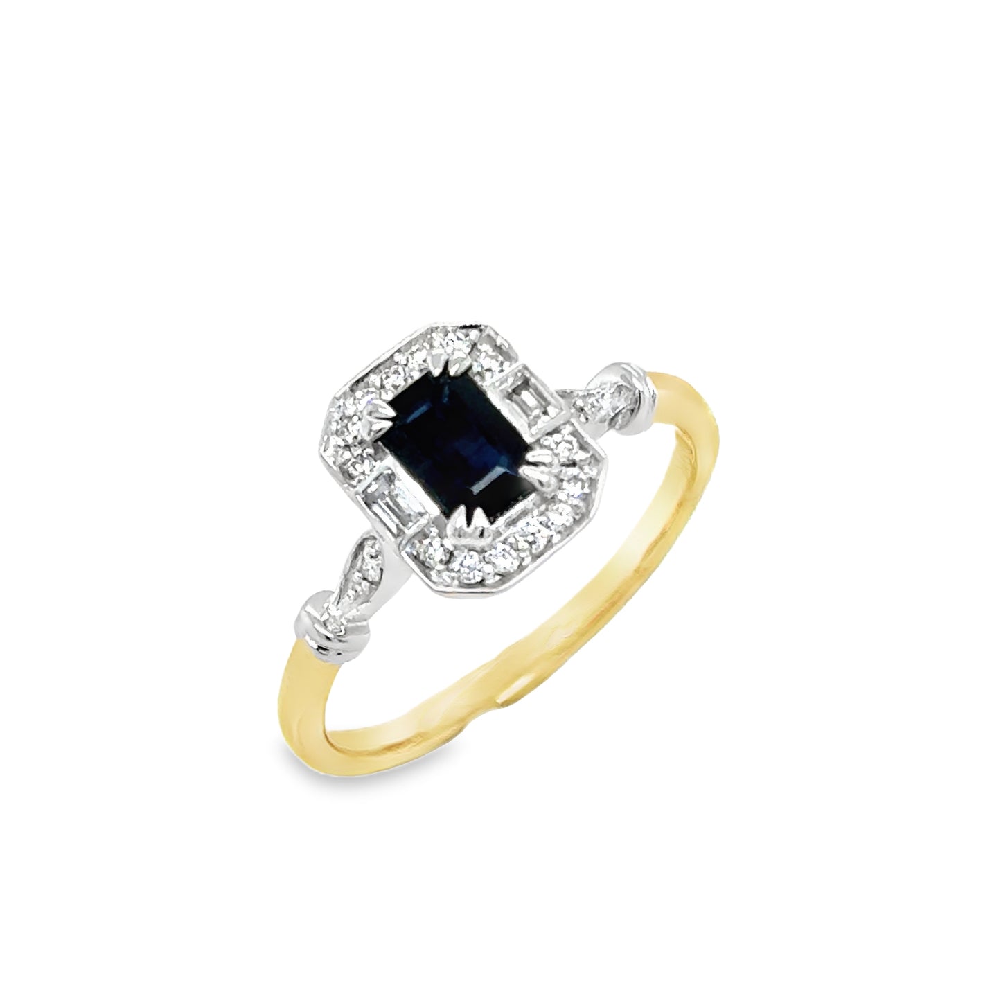 9ct Emerald Cut Sapphire & Diamond Halo Antique Style Diamond Ring With Shoulders .08ct