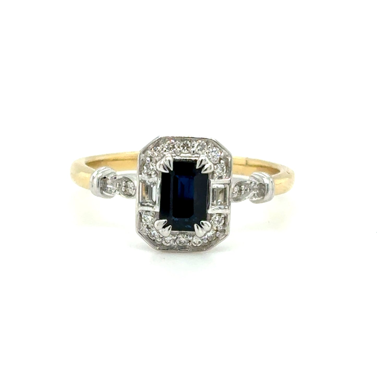 9ct Emerald Cut Sapphire & Diamond Halo Antique Style Diamond Ring With Shoulders .08ct