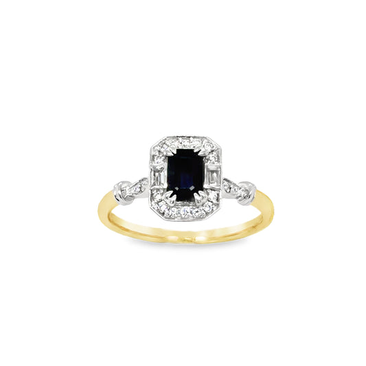9ct Emerald Cut Sapphire & Diamond Halo Antique Style Diamond Ring With Shoulders .08ct