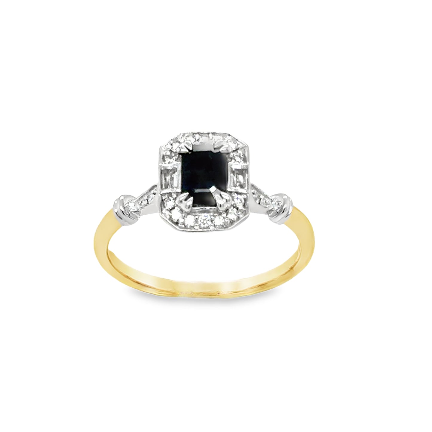 9ct Emerald Cut Sapphire & Diamond Halo Antique Style Diamond Ring With Shoulders .08ct