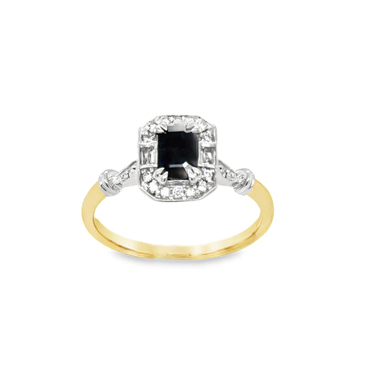 9ct Emerald Cut Sapphire & Diamond Halo Antique Style Diamond Ring With Shoulders .08ct