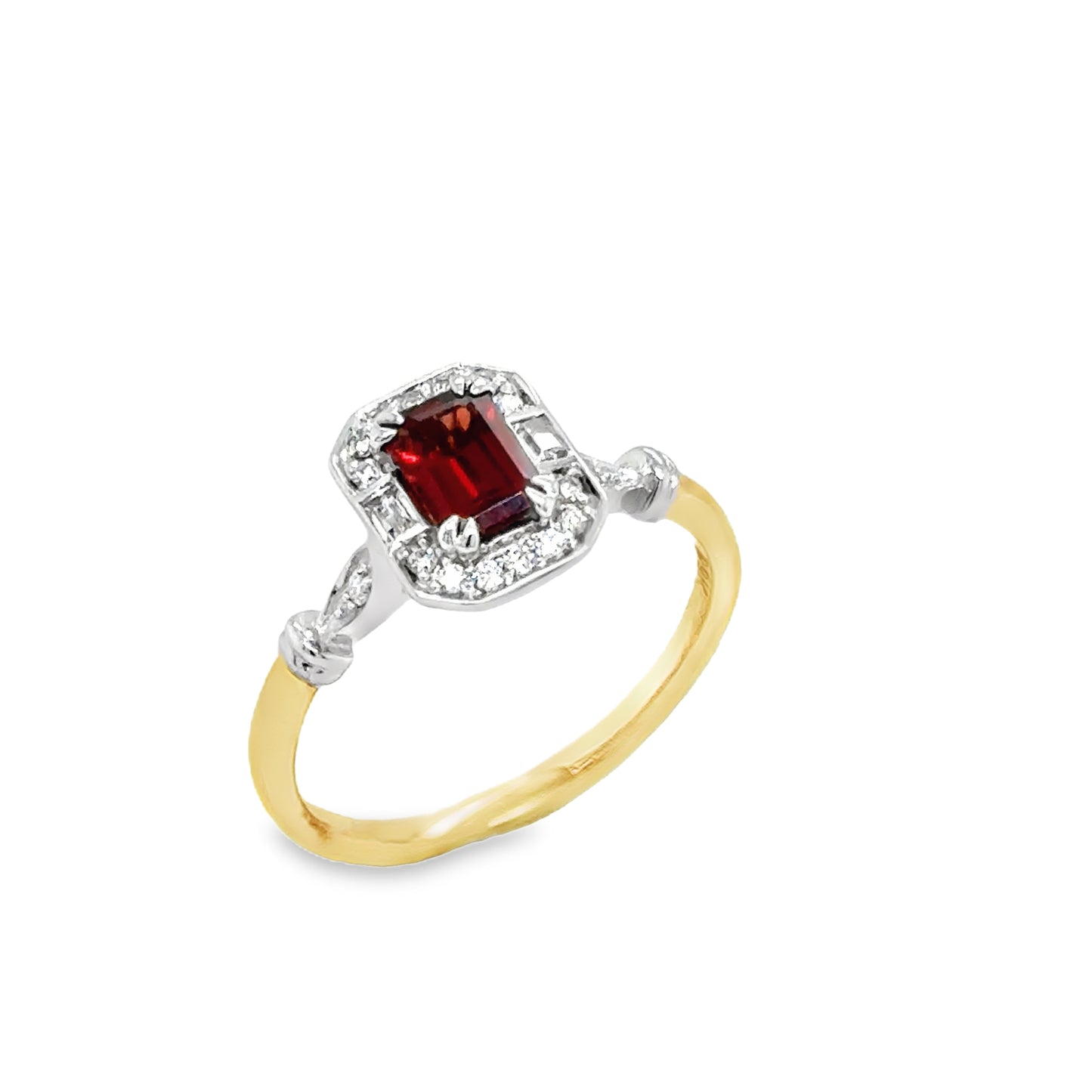 9ct Emerald Cut Garnet & Diamond Halo Antique Style Diamond Ring With Shoulders .08ct
