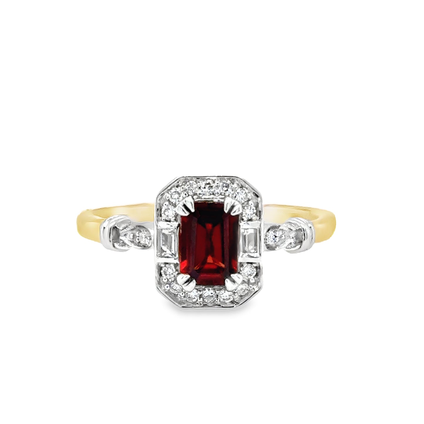 9ct Emerald Cut Garnet & Diamond Halo Antique Style Diamond Ring With Shoulders .08ct