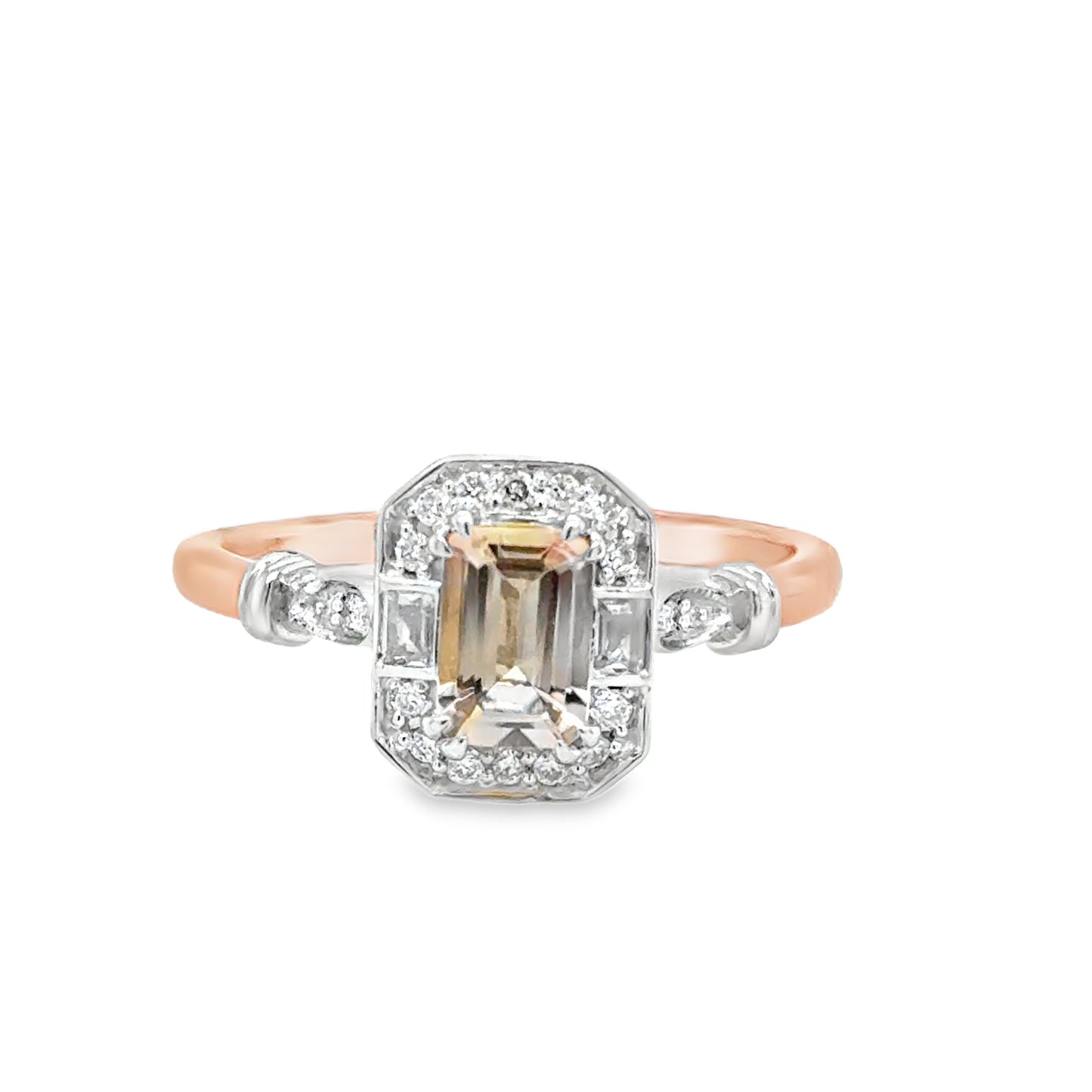 9ct Rose Gold Emerald Cut Morganite & Diamond Halo Antique Style Diamond Ring With Shoulders .08ct
