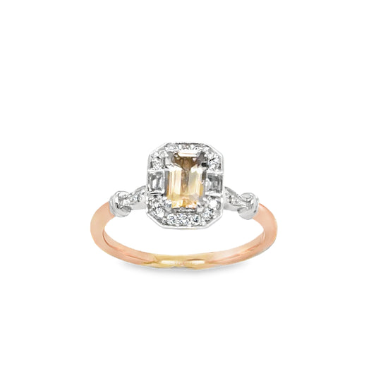 9ct Rose Gold Emerald Cut Morganite & Diamond Halo Antique Style Diamond Ring With Shoulders .08ct