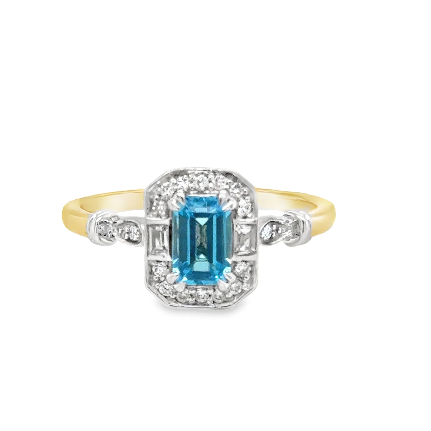 9ct Emerald Cut Blue Topaz & Diamond Halo Antique Style Diamond Ring With Shoulders .08ct