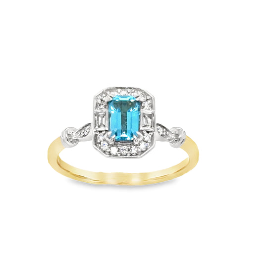 9ct Emerald Cut Blue Topaz & Diamond Halo Antique Style Diamond Ring With Shoulders .08ct