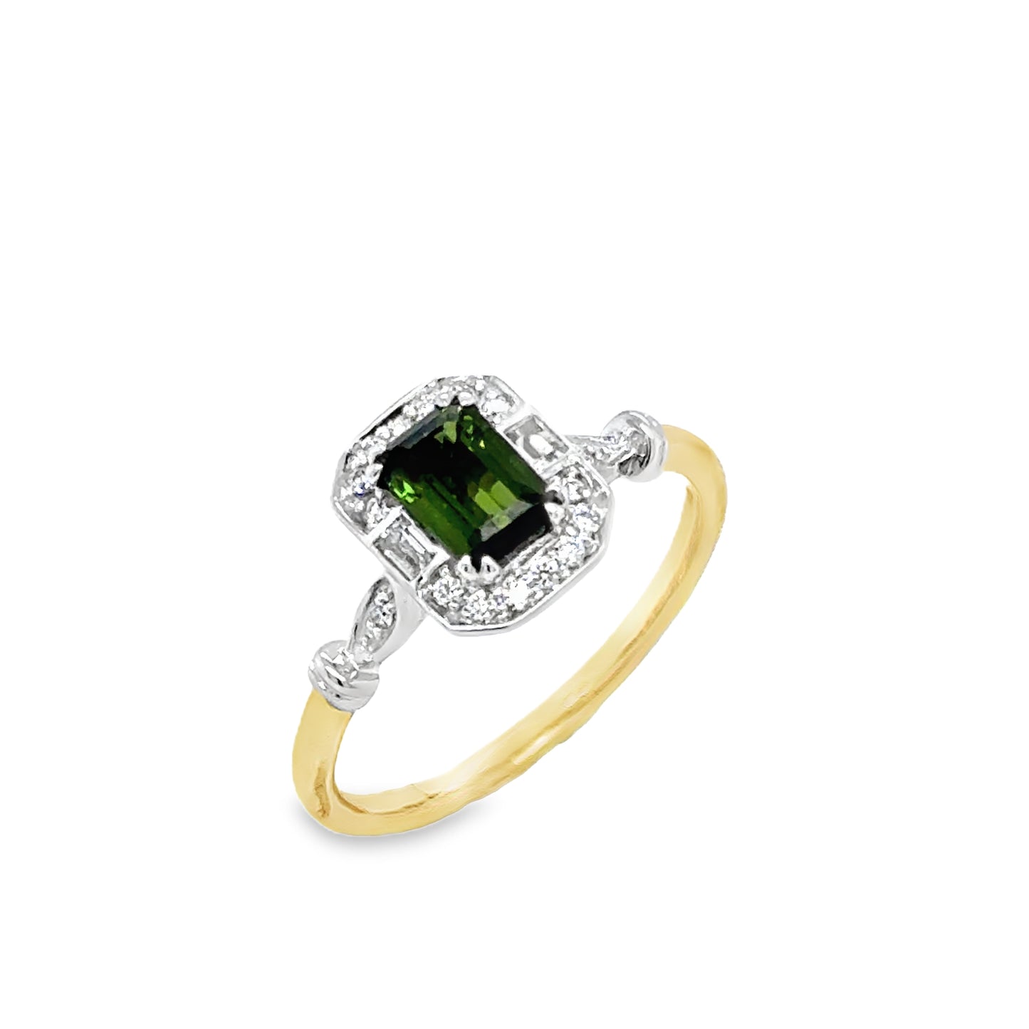 9ct Emerald Cut Green Tourmaline & Diamond Halo Antique Style Diamond Ring With Shoulders .08ct