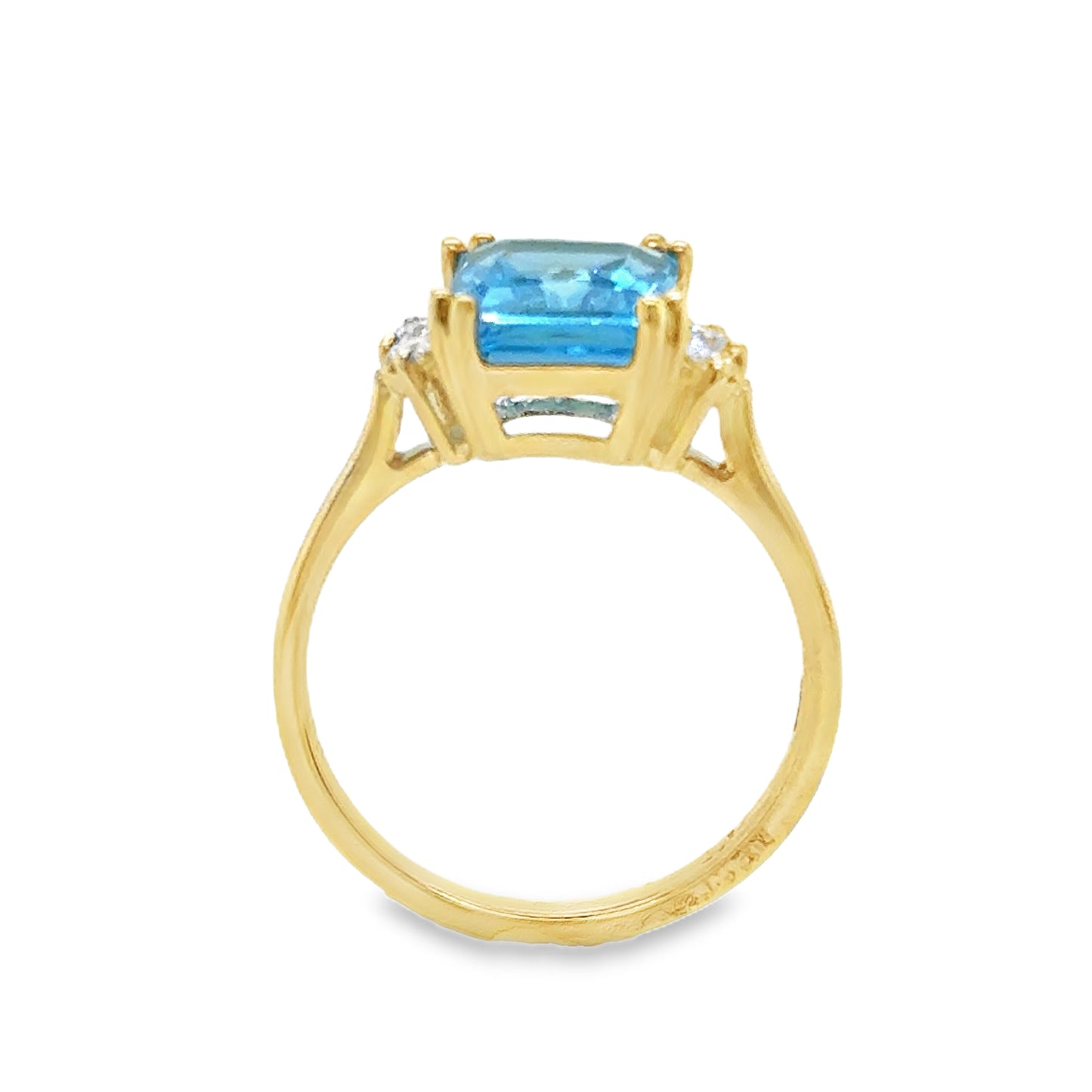 9ct Radiant Cut Blue Topaz Solitaire With Round Brilliant Diamond Diamond Shoulders .16ct