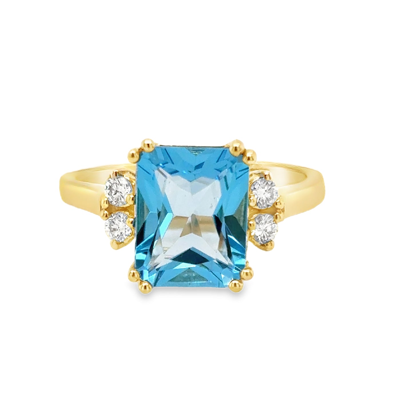 9ct Radiant Cut Blue Topaz Solitaire With Round Brilliant Diamond Diamond Shoulders .16ct