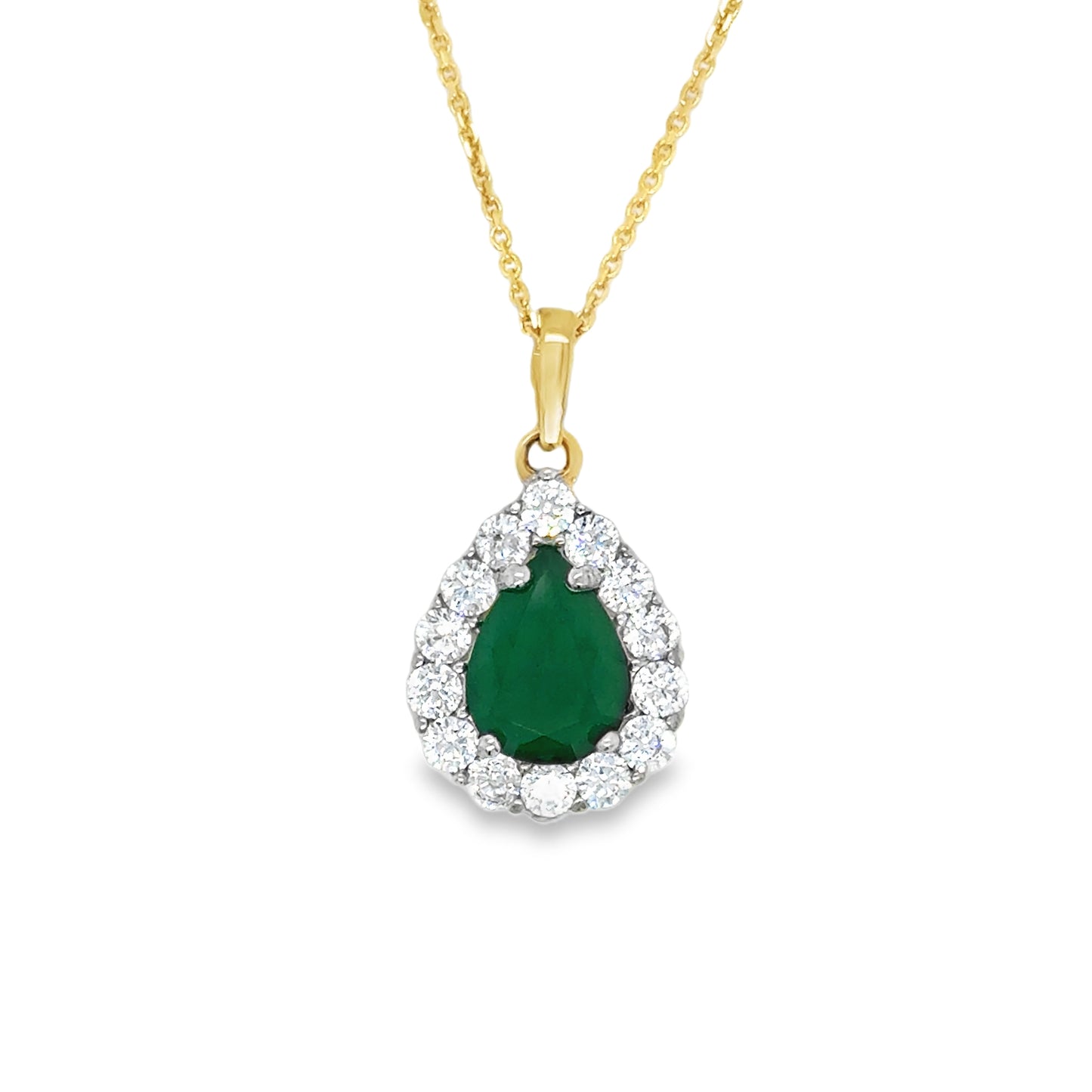 9ct Yellow Gold Pear Cut Green CZ Pendant with CZ Halo