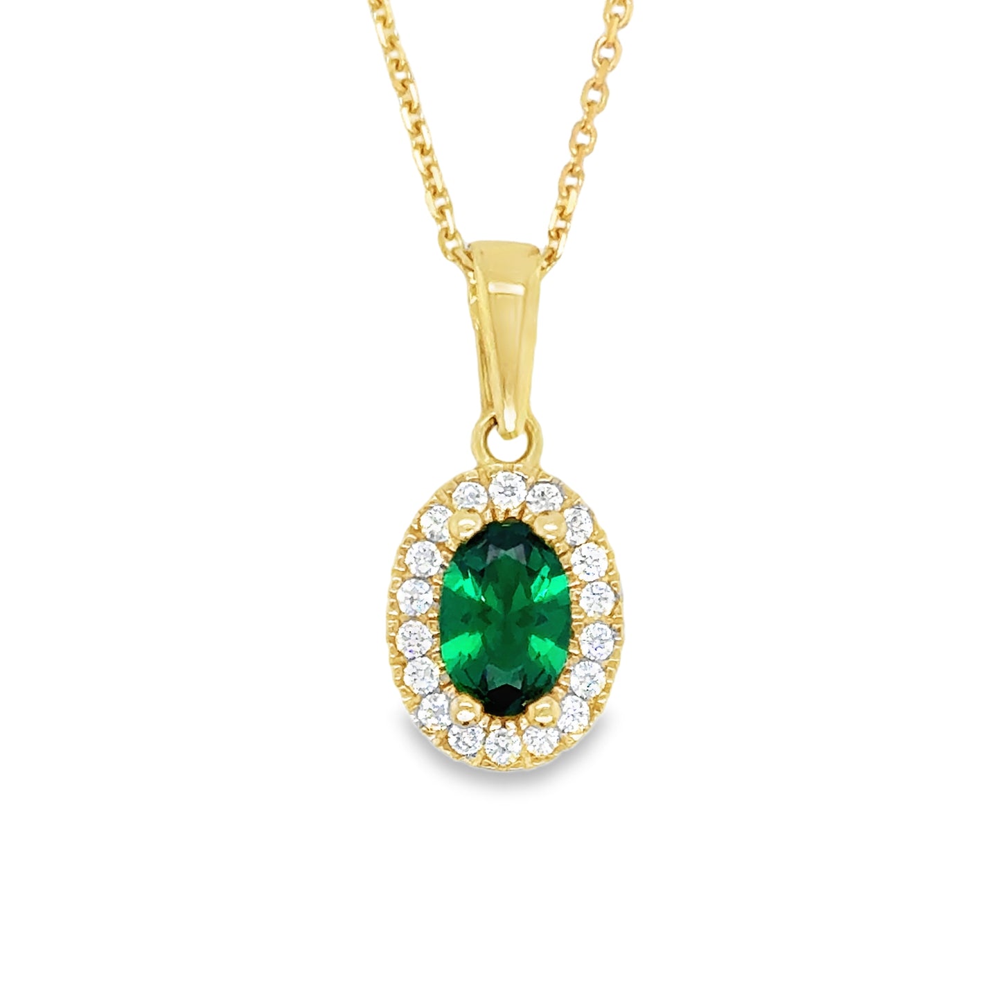 9ct Yellow Gold Oval Cut Green Cz Pendant with CZ HAlo