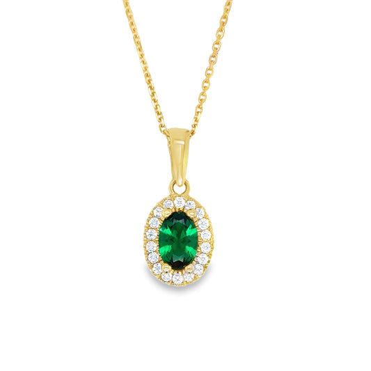 9ct Yellow Gold Oval Cut Green Cz Pendant with CZ HAlo