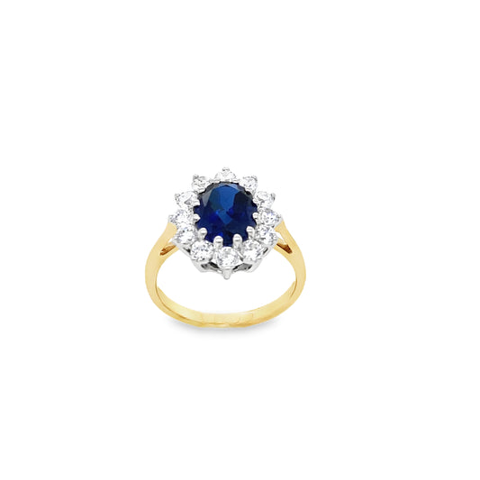 9ct Cubic Zirconia Oval Cluster Ring With Dark Blue Centre Stone