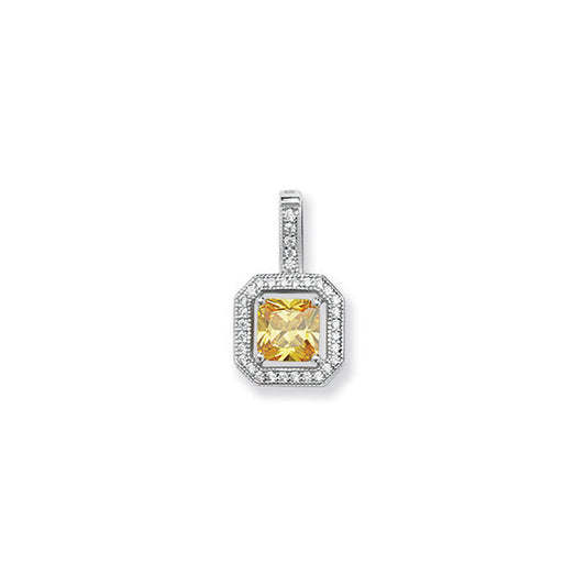 Sterling Silver Square Yellow CZ Pendant With CZ Halo and Baile