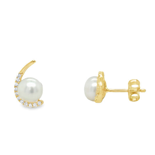 9ct Yellow Gold Pearl and CZ Swirl Stud Earring