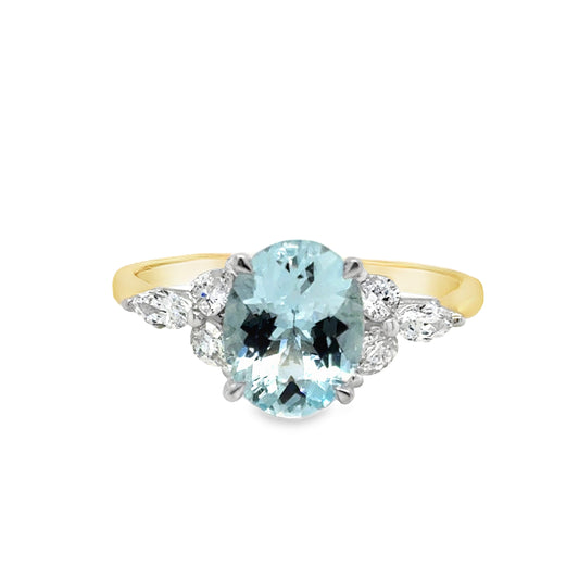 18ct Oval centre Aquamarine Ring With Diamond Marquise Cluster Shoulders .30ct