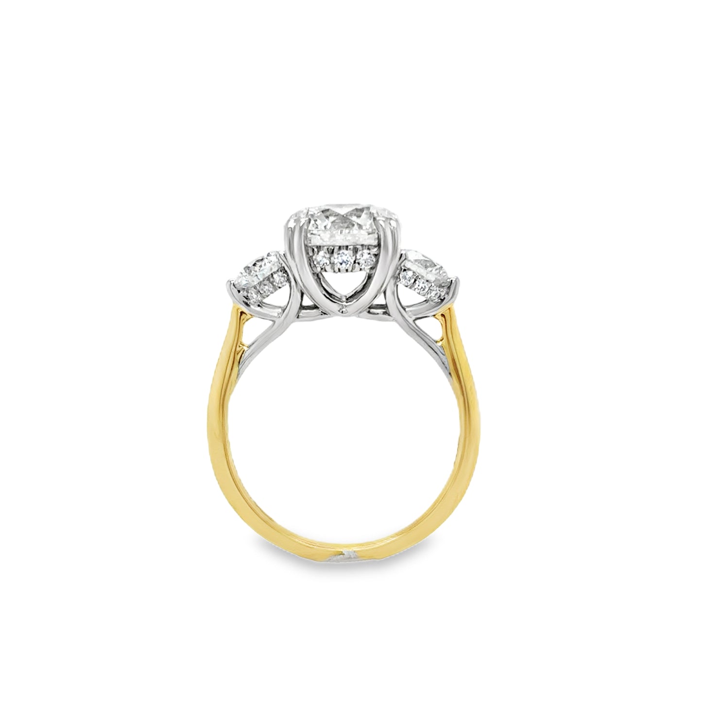 18ct 3 Stone Round Brilliant Graduated Cultured Diamond Ring With Hidden Halo 3.81ct