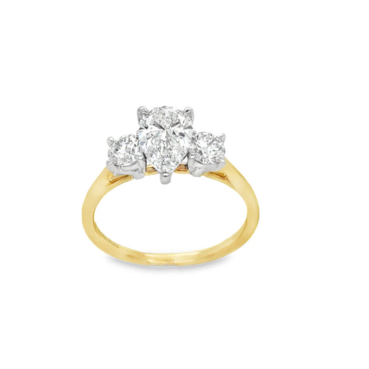 18ct 3 Stone Pear & Round Brilliant Cultured Diamond Ring 1.52ct
