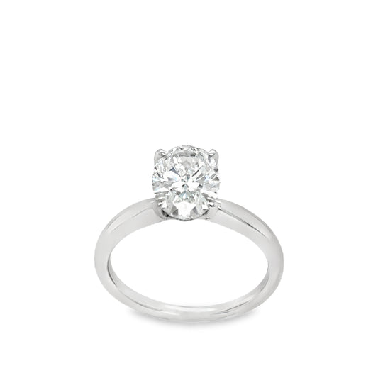 Platinum Oval Soliatire 4 Claw Cultured Diamond Ring With Hidden Halo 2.10ct