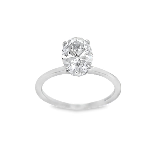 Platinum Oval Soliatire 4 Claw Cultured Diamond Ring With Hidden Halo 2.13ct