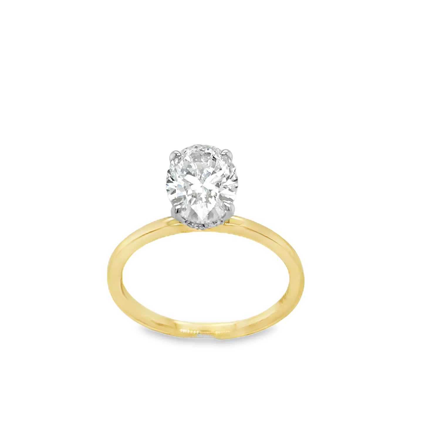 18ct Oval Soliatire 4 Claw Cultured Diamond Ring With Hidden Halo 2.22ct