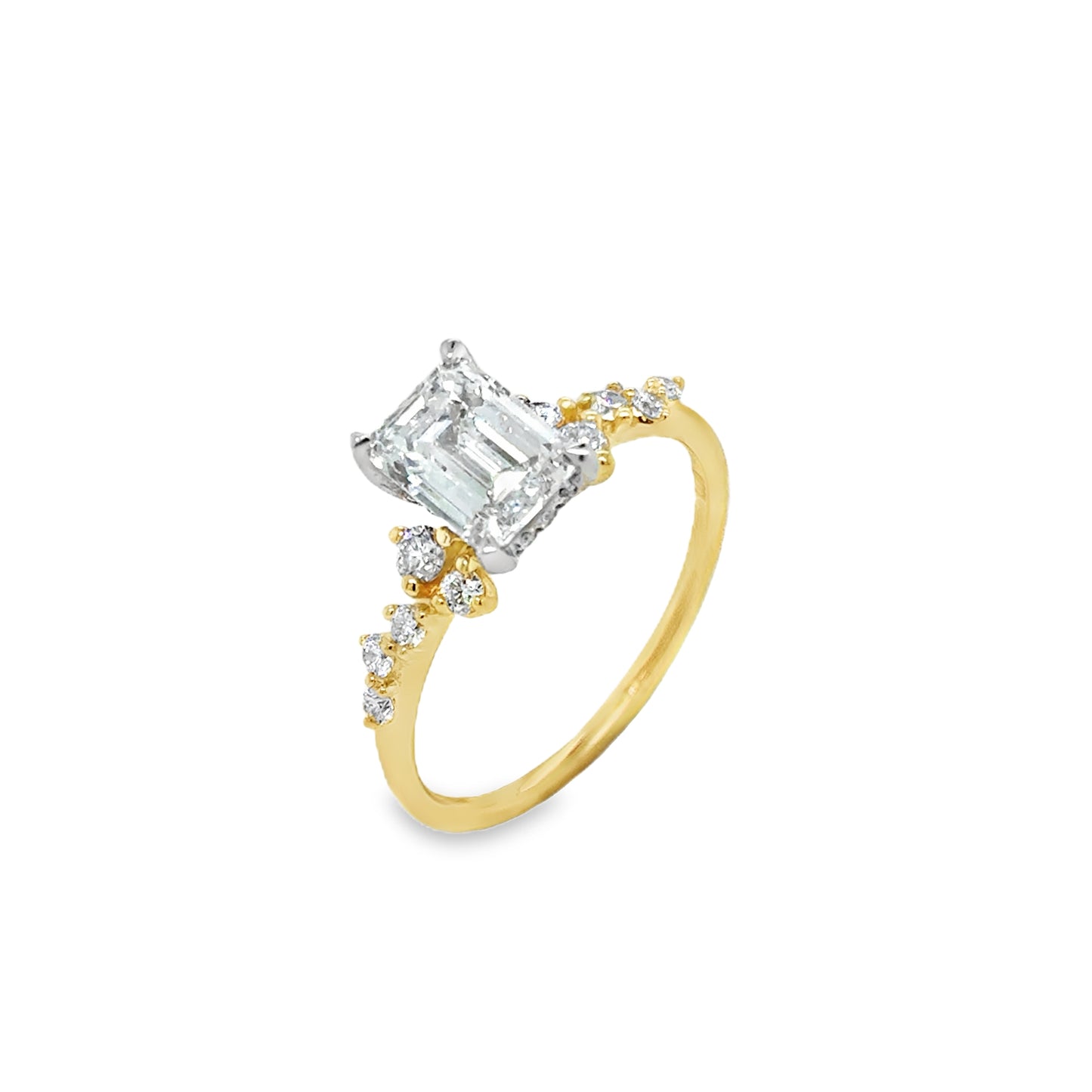 18ct Emerald Cut Solitaire Cultured Diamond Ring With Hidden Halo & Scatter Shoulders 1.92ct