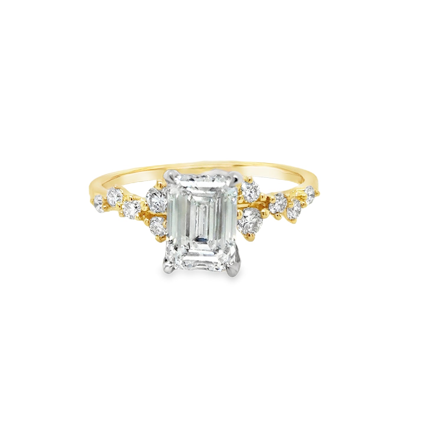 18ct Emerald Cut Solitaire Cultured Diamond Ring With Hidden Halo & Scatter Shoulders 1.92ct