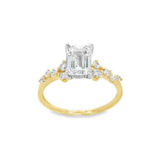 18ct Emerald Cut Solitaire Cultured Diamond Ring With Hidden Halo & Scatter Shoulders 1.92ct
