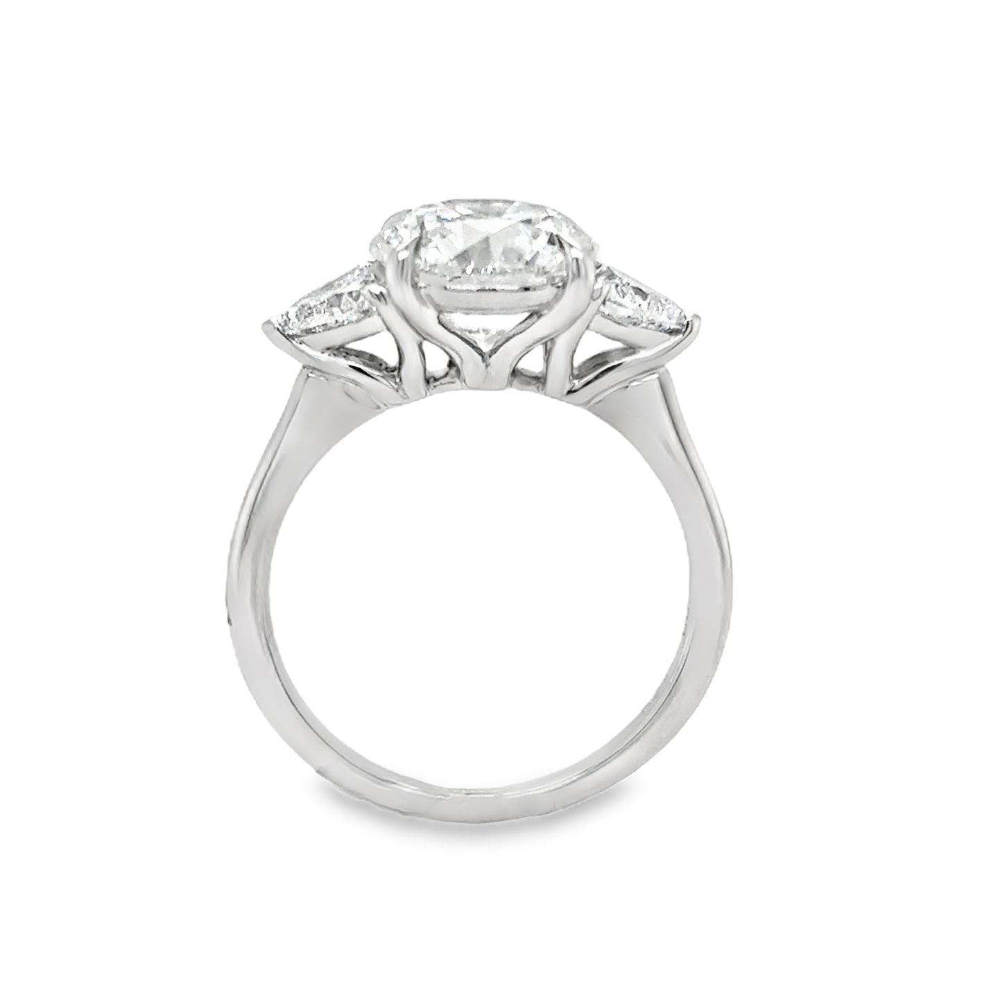 Platinum 3 Stone Round Brilliant Cultured Diamond Ring With Trillion Side Stones 3.82ct