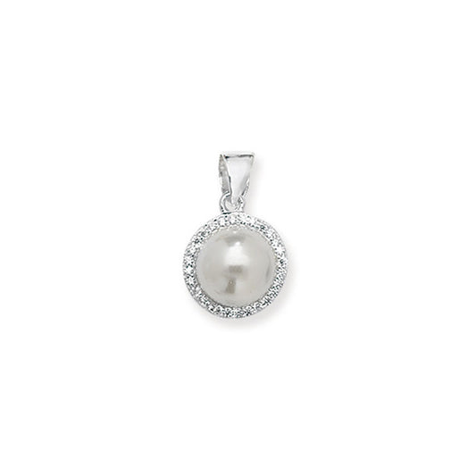 Sterling Silver Synthetic Pearl Pendant with CZ Halo