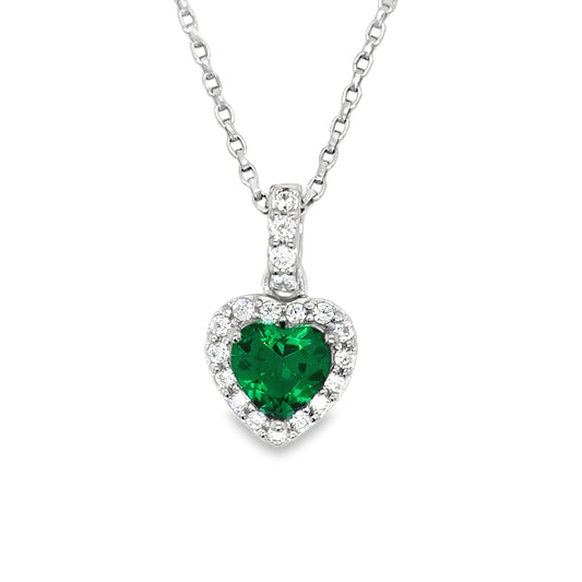 Sterling Silver Green CZ Heart Pendant with CZ Halo and Baile