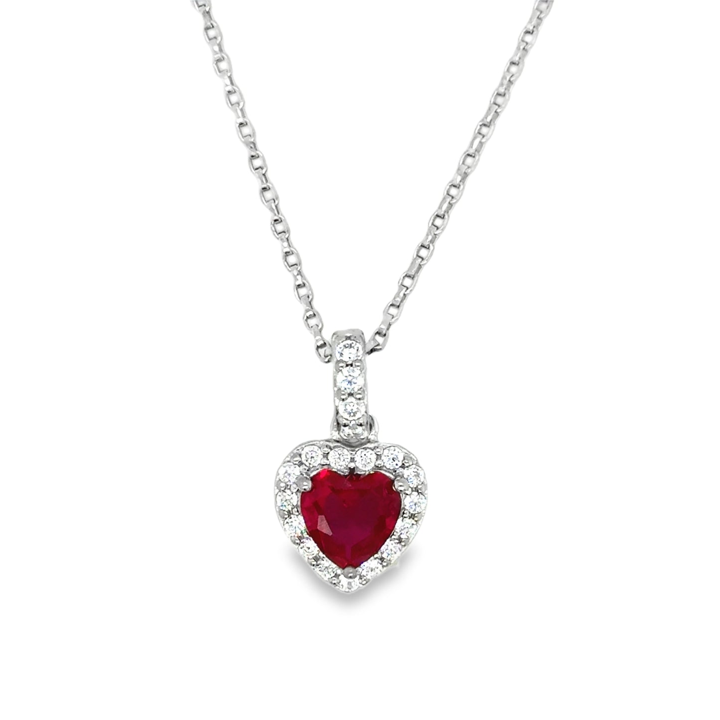 Sterling Silver Red CZ Heart Pendant with CZ Halo and Baile