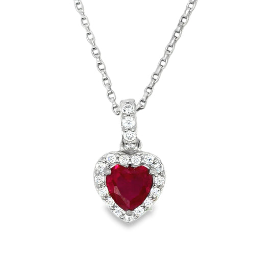 Sterling Silver Red CZ Heart Pendant with CZ Halo and Baile